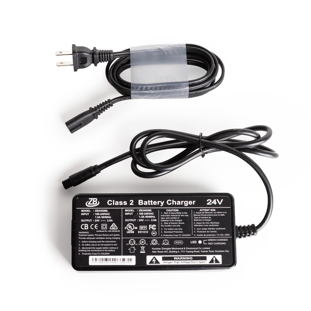 Black Travel Buggy Grand Tourer GT 24V 2.0A universal battery charger and power supply cord.